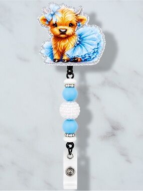 Highland Cow Blue Bow & Tutu Beaded Badge Reel